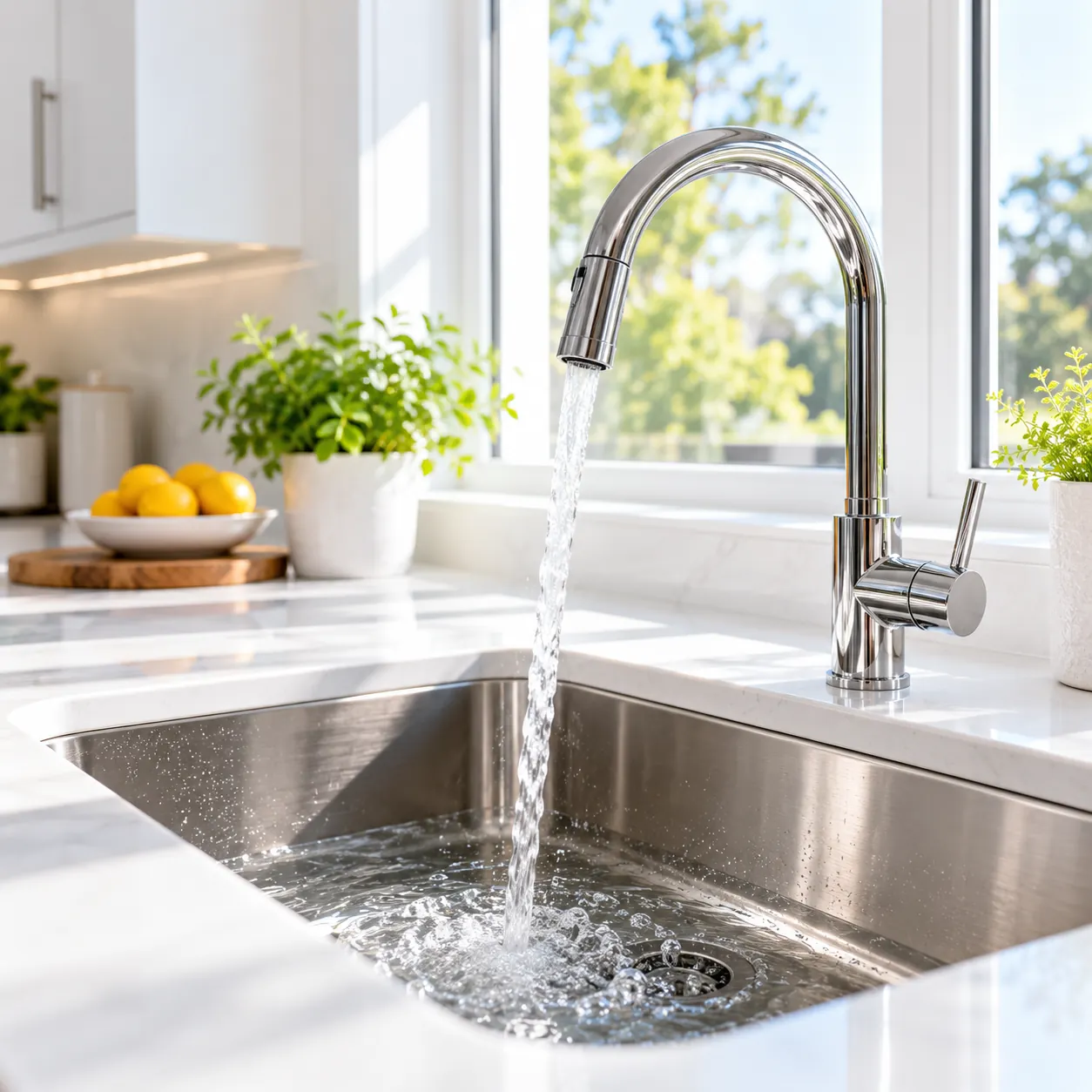 Llave moderna con agua corriendo en una cocina